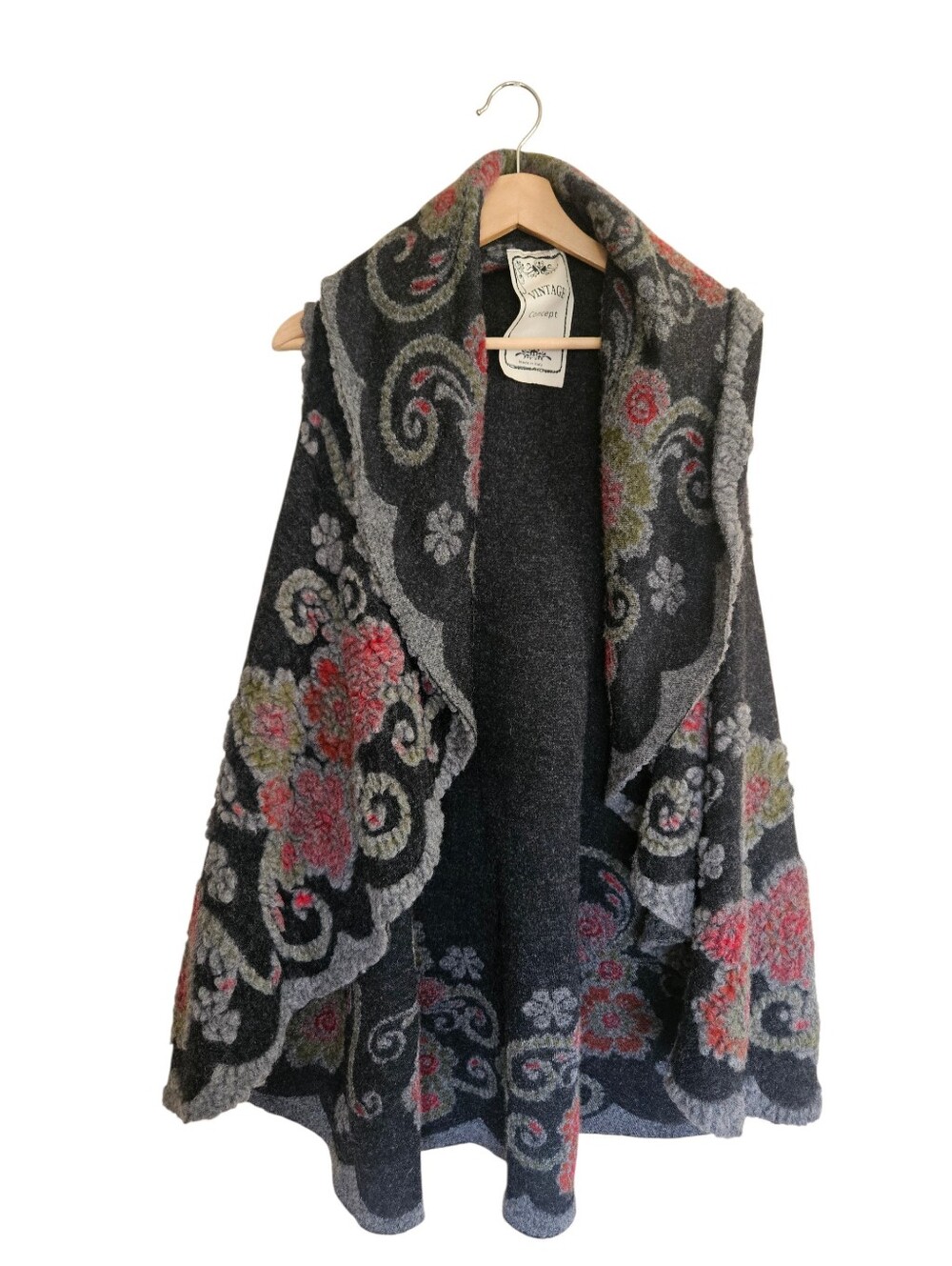 Vintage Concept Floral Knit Drape Vest Cardigan Wool Blend Charcoal Gray